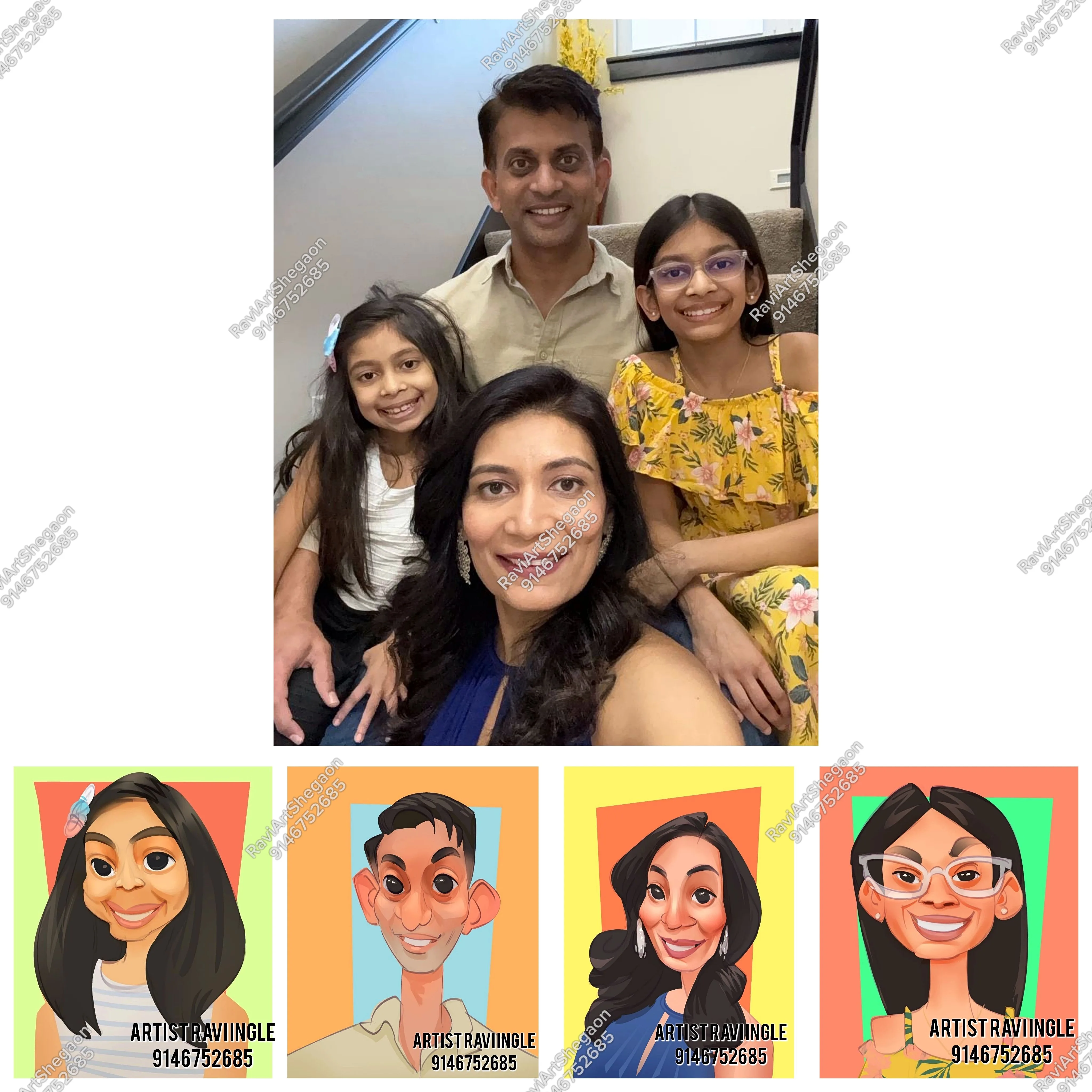 Custom Digital Caricature: 4-Person Family Portrait Art