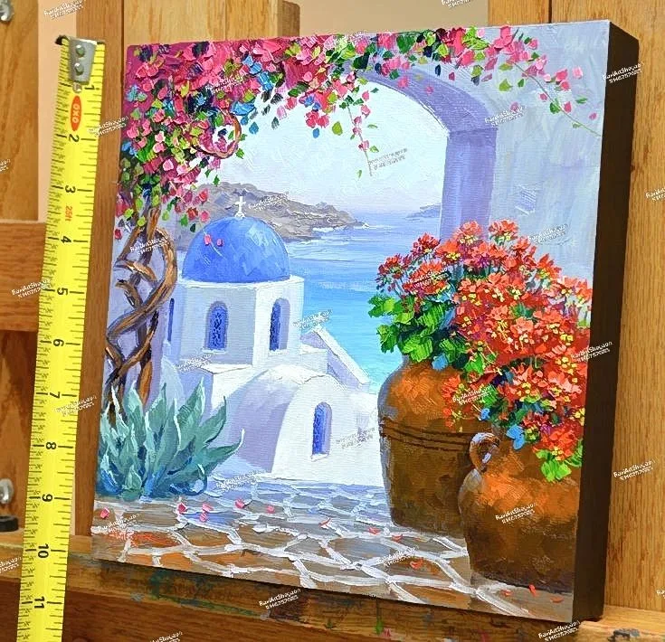 Santorini Vibrant Floral Seascape Painting
