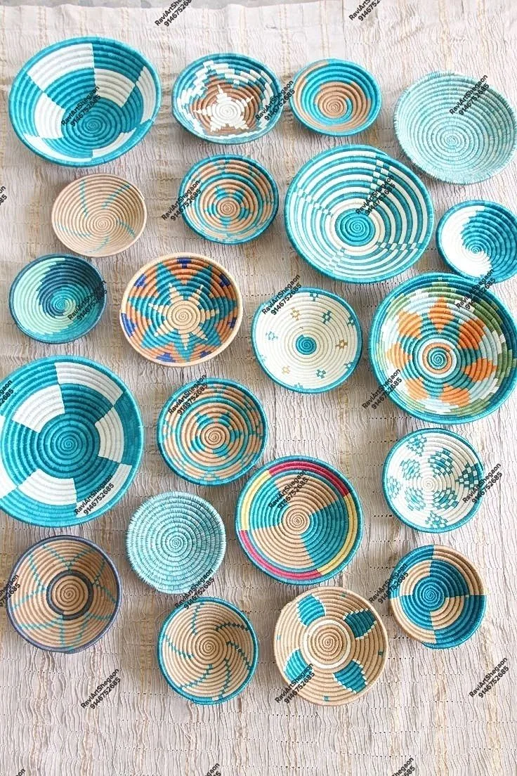 Boho Chic Woven Wall Basket Set - Turquoise & Cream (Multi-Piece)
